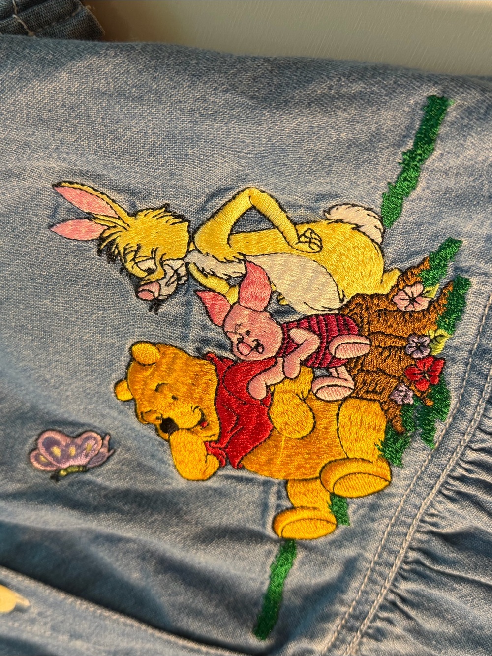 Disney | 90s Vintage Winnie the Pooh Embroidered Denim Maxi Dress Pockets Kid - Picture 5 of 11
